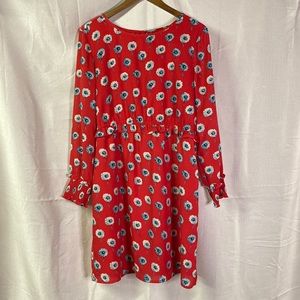 J. Crew Factory Red & Blue Floral Print Ruffle Waist Long Sleeve Dress